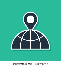 Blue Location on the globe icon isolated on green background. World or Earth sign.  Vector Illustration