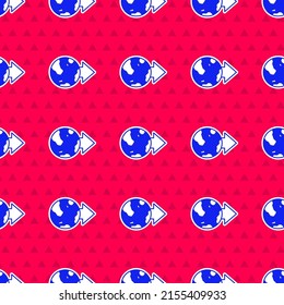 Blue Location on the globe icon isolated seamless pattern on red background. World or Earth sign.  Vector