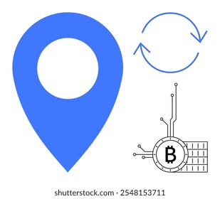 Blue location pin, circular arrows indicating refresh or update, and a Bitcoin symbol. Ideal for blockchain technology, cryptocurrency transactions, digital finance, online trading