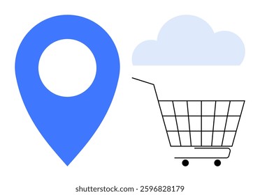 Blue location pin cloud and shopping cart icons symbolize online shopping logistics delivery and e-commerce. Ideal for marketing delivery e-commerce online shopping digital stores and logistics