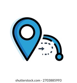 A blue location pin icon with a dotted line showing direction.