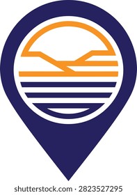 Blue location pin icon with an orange abstract landscape featuring mountains and water, symbolizing travel and nature.