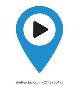 Blue location pin icon with play button symbol centrally integrated into the design modern minimalist style for navigation and multimedia concepts