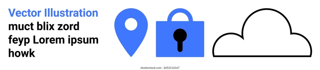 Pino de localização azul, cadeado azul com furo de fechadura e nuvem de contorno preto simbolizando segurança de dados e armazenamento em nuvem. Ideal para tecnologia, segurança, computação em nuvem, proteção de dados, software, aplicativo