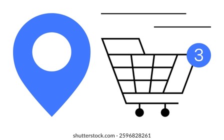 Blue location pin and shopping cart with 3 notification badge. Ideal for online shopping, logistics, delivery services, e-commerce alerts, location-based services, digital marketing, and order