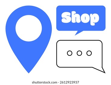 Blue location pin, blue speech bubble with the word Shop, and black speech bubble with three dots. Ideal for navigation, communication, retail, customer interaction, online shopping. Simple clean