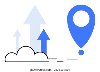 Blue location pin and upward arrows depict growth moving forward and direction. Ideal for business marketing travel technology and startups. Simple and modern style
