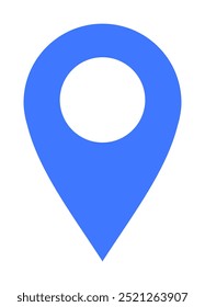 Pino azul de localização com um círculo branco no centro sobre um fundo plano. Ideal para mapas, navegação, GPS, aplicativos de viagem e serviços de localização. Estilo simples, minimalista e vetorial.