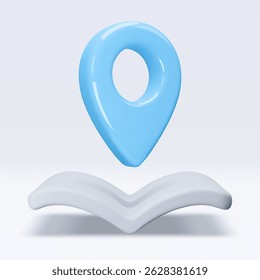Blue location pointer om map, book, placemark, marker of map, navigation pin sign. 3d GPS icon. Sign for searching on map direction. Vector render illustration isolated on white background