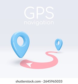 Blue location pointers on map, placemark, markers with red path, gps navigation pin sign. 3d GPS icon. Sign for searching on map direction. Vector render illustration isolated on white background