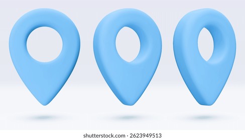 Blue location pointers, placemark, markers of map, navigation pin sign. 3d GPS icon with shadow. Sign for searching on map direction. Vector render illustration isolated on white background