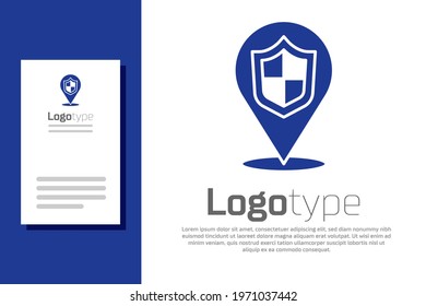 Blue Location shield icon isolated on white background. Insurance concept. Guard sign. Security, safety, protection, privacy concept. Logo design template element. Vector
