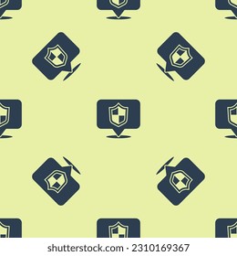 Blue Location shield icon isolated seamless pattern on yellow background. Insurance concept. Guard sign. Security, safety, protection, privacy concept.  Vector