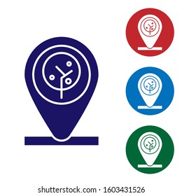 Blue Location and tree icon isolated on white background. Set color icons in circle buttons. Vector Illustration