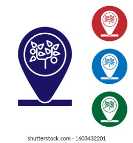 Blue Location and tree icon isolated on white background. Set color icons in circle buttons. Vector Illustration
