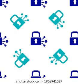 Blue Lock with bitcoin icon isolated seamless pattern on white background. Cryptocurrency mining, blockchain technology, security, protect, digital money.  Vector