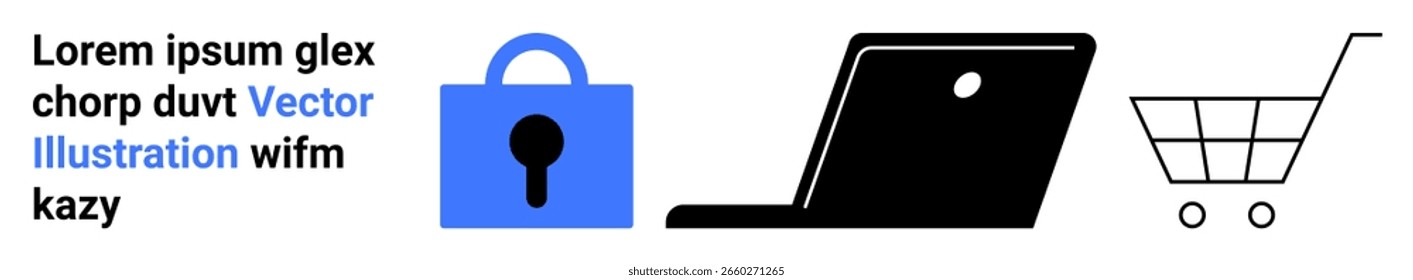 Blue lock, black laptop, and wireframe shopping cart symbolizing secure online transactions and digital purchases. Ideal for e-commerce, cybersecurity, online stores, web design, technology, digital