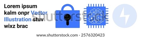 Blue lock, brain integrated circuit, and lightning bolt in circles. Ideal for cybersecurity, artificial intelligence, data protection, technology, and innovation themes. Banner for landing page