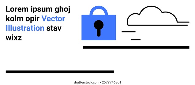 Blue lock and a cloud symbolize data protection and digital security. Ideal for technology, cybersecurity, cloud services, digital solutions, online privacy. Banner for landing page