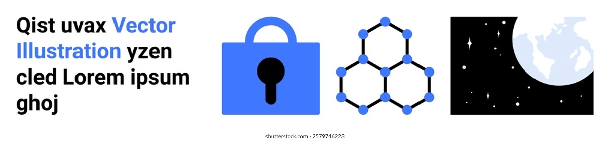 Blue lock, connected hexagons, and moon with stars suggest themes of cybersecurity, data protection, science, technology, and astronomy. Ideal for tech, security, night network, innovation. Banner