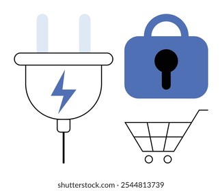 Blue lock, electric plug, and shopping cart. Ideal for e-commerce, online security, digital payments, technology integration, secure transactions. Simple line art style