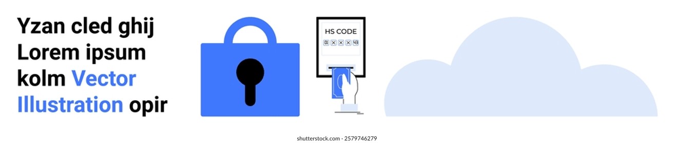 A blue lock and a fingerprint scanner beside a cloud suggest themes of security, privacy, data protection, technology, and cloud computing. Ideal for tech and cybersecurity. Banner for landing page