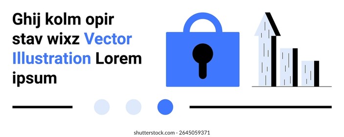 Blue lock, gray bar graph with upward arrow, dummy text, and simple design elements in black and blue. Ideal for cybersecurity, business growth, data protection, marketing, presentations, financial