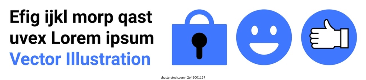 Bloqueio azul, rosto feliz e ícones com polegares para cima ao lado do texto de espaço reservado. Ideal para segurança cibernética, feedback do usuário, mídia social, segurança digital, satisfação do cliente, interfaces modernas, tecnologia