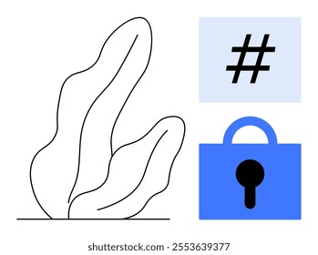 Blue lock and hashtag symbol with black line drawing of plant. Ideal for security, social media, minimalism, nature, and technology themes. Simple lines and clean design. Modern vector style