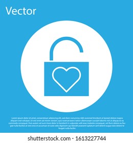 Blue Lock and heart icon isolated on blue background. Locked Heart. Love symbol and keyhole sign. Valentines day symbol. White circle button. Vector Illustration