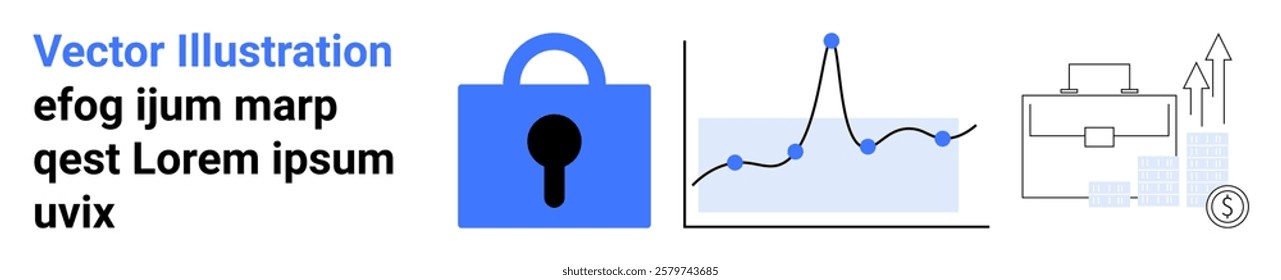 Blue lock icon, analytics graph with measures, and business growth with icons of briefcase and arrows. Ideal for data security, analytics, business development, financial planning, marketing. Banner