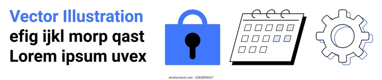 Blue lock icon, calendar, and gear on a white background suggesting security, organization, and technology themes. Ideal for business, productivity, cyber safety, and innovation. Banner for landing