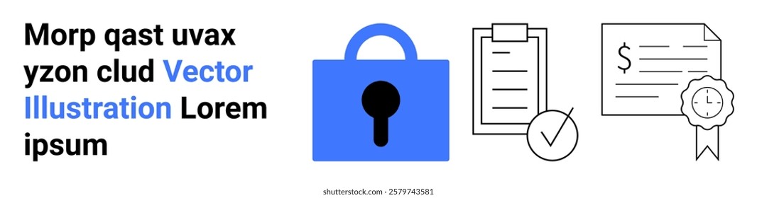 A blue lock icon, a checklist with a checkmark, and a certificate with a dollar symbol represent online security, task management, and certification. Ideal for cybersecurity, online courses, business