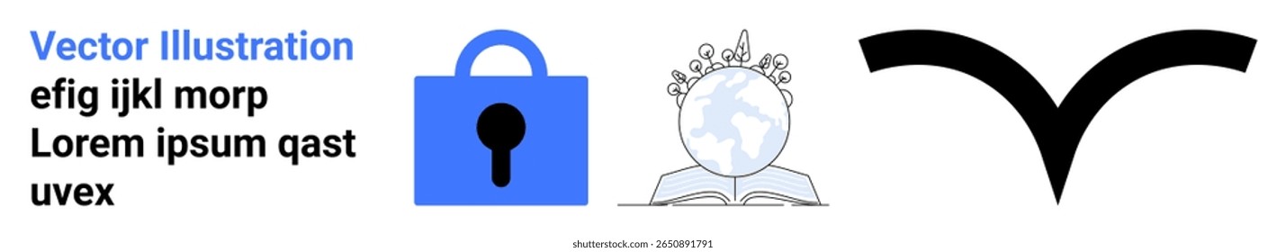 Blue lock icon, globe within an open book with growing leaves, and black check mark. Ideal for education, security, environmental, approval, compliance, digital rights, global. Banner for landing