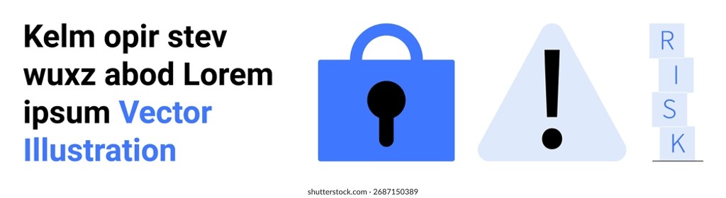 Blue lock icon, gray exclamation mark inside triangle, RISK text blocks. Ideal for cyber security, data protection, risk management, IT services, online safety, secure transactions. Banner