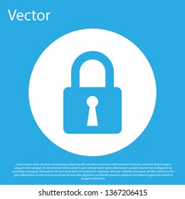 Blue Lock icon isolated on blue background. Closed padlock sign. Cyber security concept. Digital data protection. Safety safety. White circle button. Vector Illustration