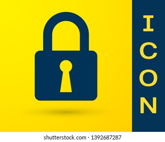 Blue Lock icon isolated on yellow background. Closed padlock sign. Cyber security concept. Digital data protection. Safety safety. Vector Illustration