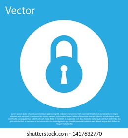 Blue Lock icon isolated on blue background. Padlock sign. Security, safety, protection, privacy concept. White circle button. Vector Illustration