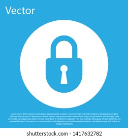 Blue Lock icon isolated on blue background. Padlock sign. Security, safety, protection, privacy concept. White circle button. Vector Illustration