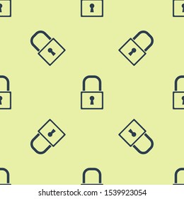 Blue Lock icon isolated seamless pattern on yellow background. Padlock sign. Security, safety, protection, privacy concept.  Vector Illustration