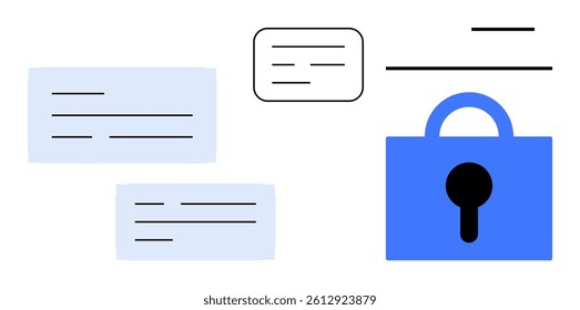 Blue lock icon with keyhole on the right various text bubbles scattered around. Ideal for digital security, encryption, communication, privacy, and data protection themes. Minimalist design