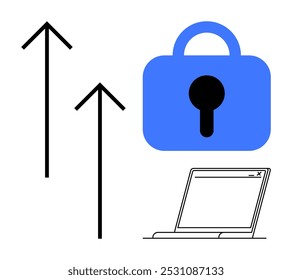Blaues Schloss-Symbol auf einem Laptop und zwei Pfeile nach oben. Ideal für Cyber-Sicherheit Datenschutz Internet-Datenschutz Online-Sicherheit und Software-Updates. Minimal schlicht moderner Stil