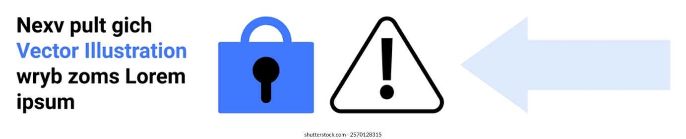 Blue lock icon next to a caution sign and an arrow pointing right. Ideal for online security, data protection, warnings, navigation, and direction. Banner for landing page