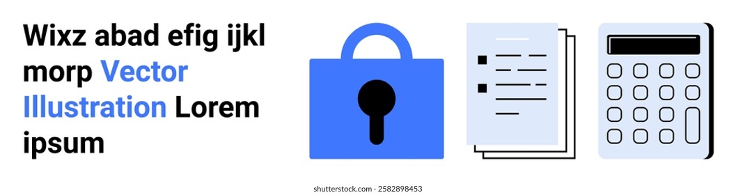 Blue lock icon signifies security beside a document and calculator symbolizing data management or financial analysis. Ideal for security privacy finance data management technology. Banner for landing