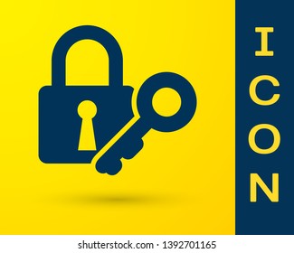 Blue Lock and key icon isolated on yellow background. Padlock sign. Security, safety, protection, privacy concept. Vector Illustration