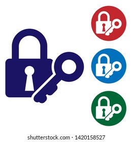 Blue Lock and key icon isolated on white background. Padlock sign. Security, safety, protection, privacy concept. Set color icon in circle buttons. Vector Illustration