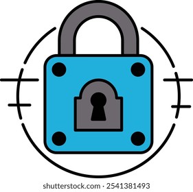 A blue lock with a keyhole on it. The lock is surrounded by a circle