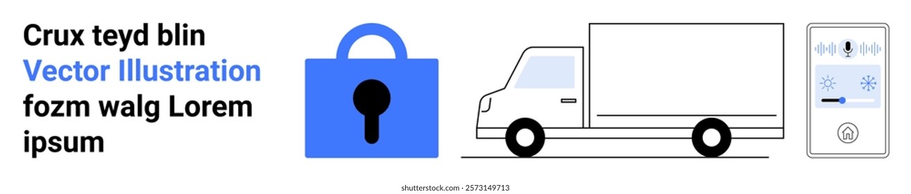 Blue lock with keyhole, white delivery truck and a digital tracking device with icons Ideal for security systems, delivery services, logistics, digital tracking, and smart technology Banner