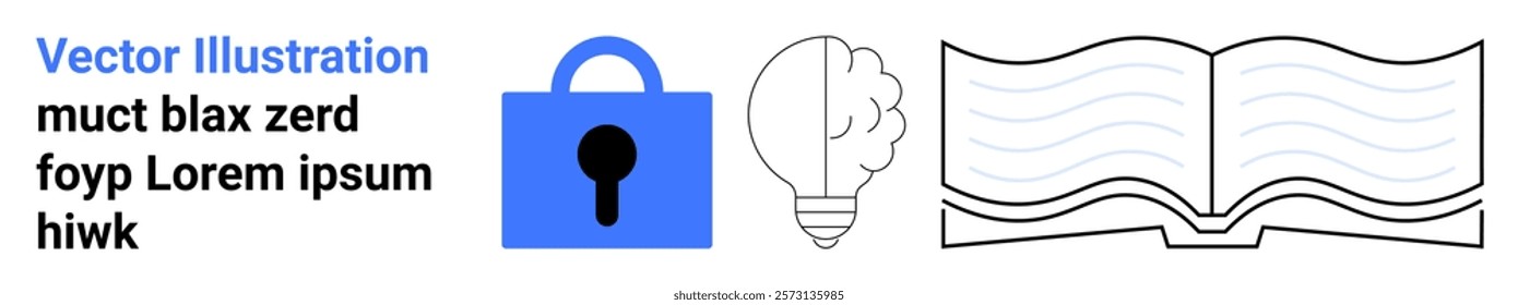 Blue lock light bulb and open book icons with placeholder text Ideal for themes related, to cybersecurity knowledge sharing innovation education and information security Banner for landing page