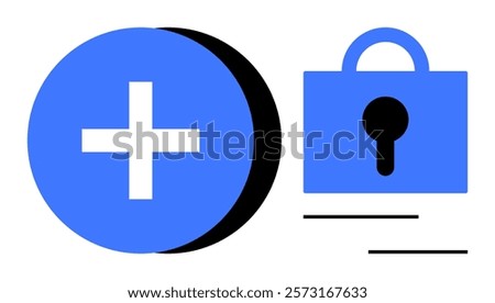 A blue lock next to a blue plus sign represents security and healthcare. Ideal for health apps, secure medical data, emergency services, digital health records and online medical support. Simple